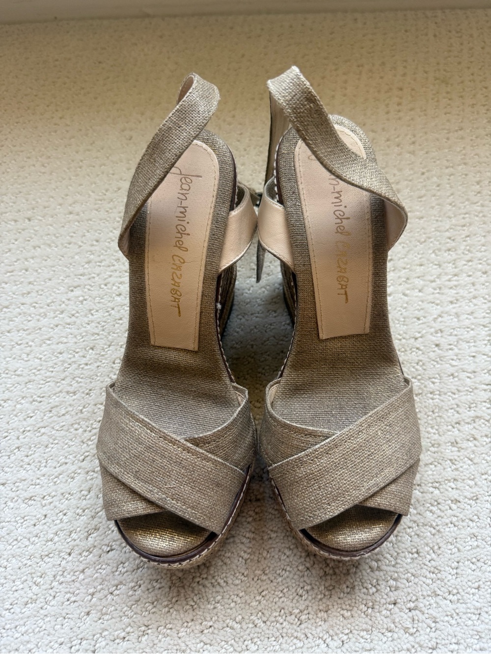 Jean-Michel Cazabat Gold Linen Wedge Slingbacks
